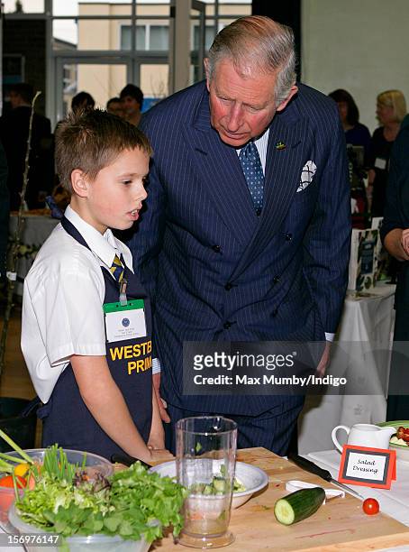 Prince Charles, Prince of Wales talks with a school boy doing a cookery demonstration as he, accompanied by Jamie Oliver, visits Carshalton Boys...