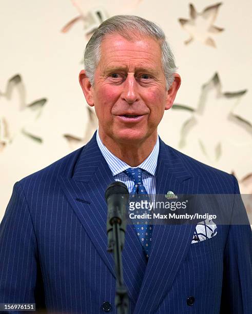 Prince Charles, Prince of Wales makes a speech as he, accompanied by Jamie Oliver, visits Carshalton Boys Sports College to see how the school has...
