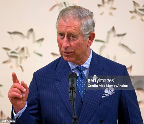 Prince Charles, Prince of Wales makes a speech as he, accompanied by Jamie Oliver, visits Carshalton Boys Sports College to see how the school has...