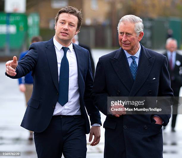 Prince Charles, Prince of Wales and chef Jamie Oliver visit Carshalton Boys Sports College to see how the school has transformed its approach to...