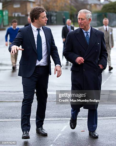 Prince Charles, Prince of Wales and chef Jamie Oliver visit Carshalton Boys Sports College to see how the school has transformed its approach to...