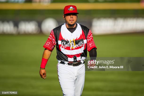 Juan Centeno of the Amarillo Sod Poodles walks across the field before the game against the Wichita Wind Surge at HODGETOWN Stadium on July 21, 2023...