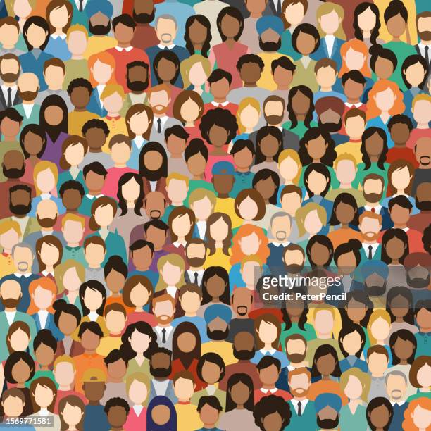 multicultural crowd of people. group of different men and women. young, adult and older peole. european, asian, african and arabian people. empty faces. vector illustration. square composition - asian and indian ethnicities 幅插畫檔、美工圖案、卡通及圖標