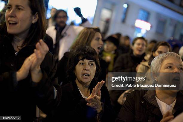 Health workers and supporters protest outside La Princesa Hospital on November 26, 2012 in Madrid, Spain. Trade unions for the first time have called...