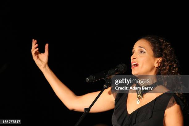 Israeli Singer Achinoam Nini, also known as Noa, performs with the Solis String Quartet at the Universitaet der Kuenste Berlin on November 26, 2012...