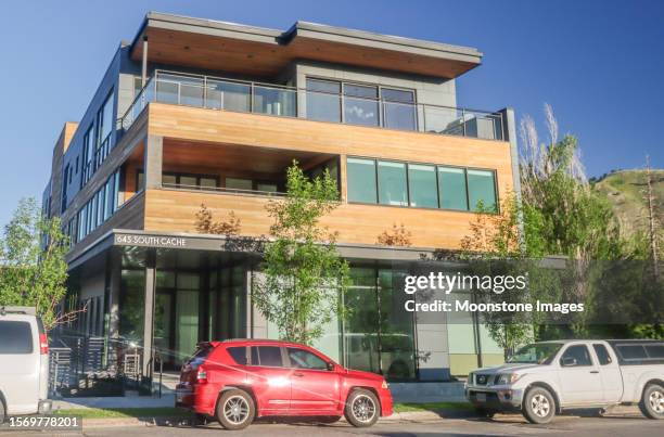 residential building on 645 south cache in jackson at teton country, wyoming - jackson hole mountain resort stock pictures, royalty-free photos & images