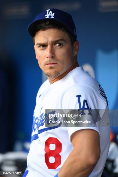 Los Angeles Dodgers infielder Enrique Hernandez looks on before the MLB game between the Cincinnati Reds and the Los Angeles Dodgers on July 29, 2023...