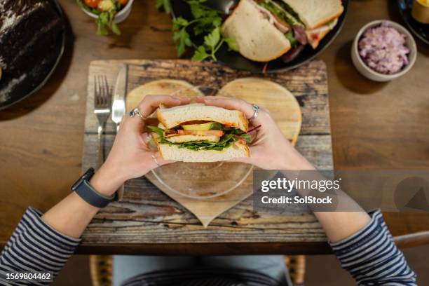 eating a sandwich for lunch - sandwich bildbanksfoton och bilder