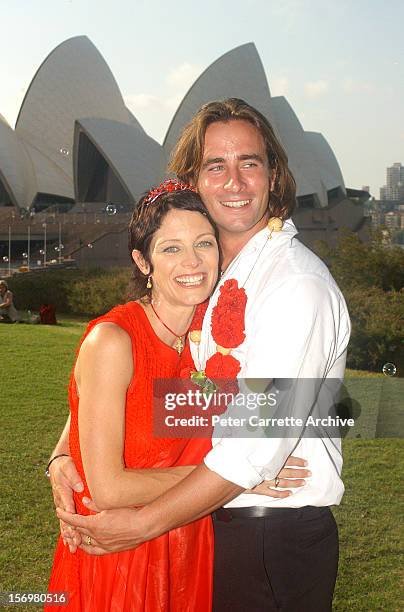 Australian actor Kip Gamblin and dancer Linda Ridgeway celebrate after their wedding ceremony at the Botanic Gardens on March 20, 2004 in Sydney,...