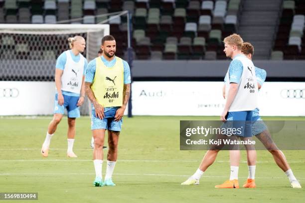 Kyle Walker of Manchester City looks on during the Manchester City press conference & training session at National Stadium on July 25, 2023 in Tokyo,...