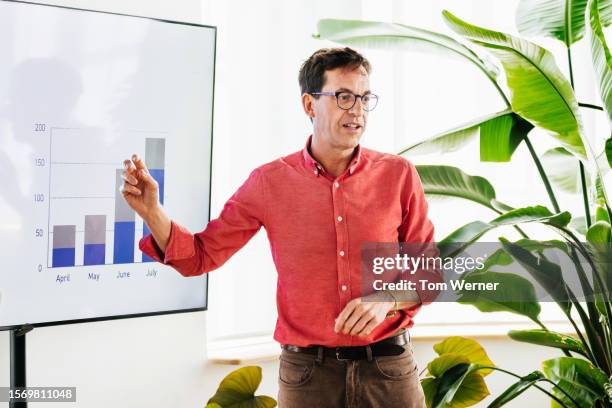 seminar host pointing at graph on monitor while giving presentation - big tom stock pictures, royalty-free photos & images