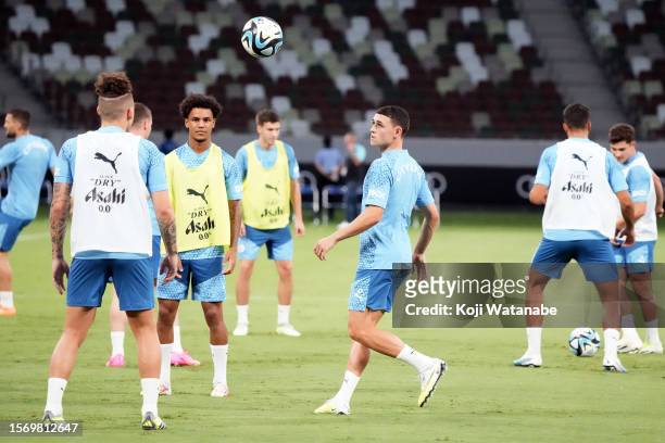 Phil Foden of Manchester City in action during the Manchester City press conference & training session at National Stadium on July 25, 2023 in Tokyo,...