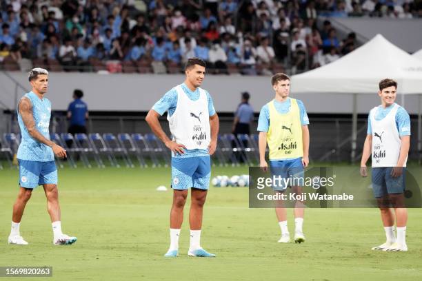 Rodrigo of Manchester City in action during the Manchester City press conference & training session at National Stadium on July 25, 2023 in Tokyo,...