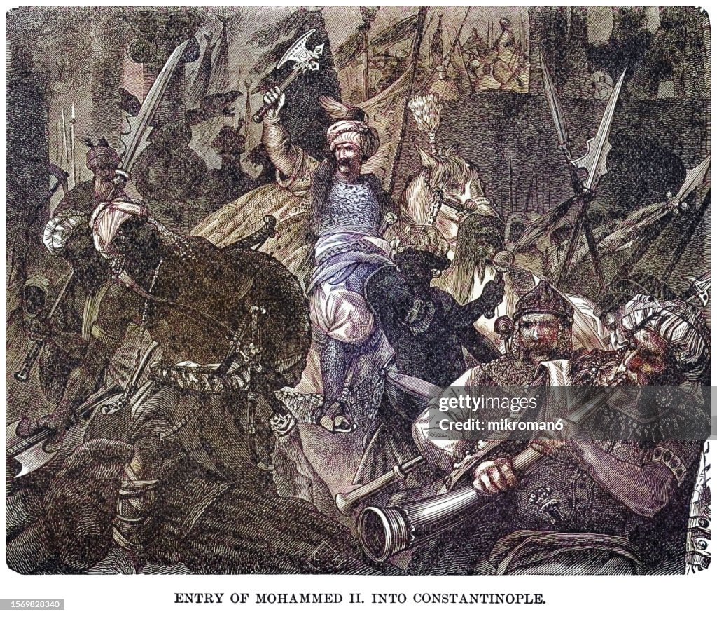 Old engraving illustration of entry of Mehmed II (Mohammed II) the Conqueror, Sultan of the Ottoman Empire and Constantinople
