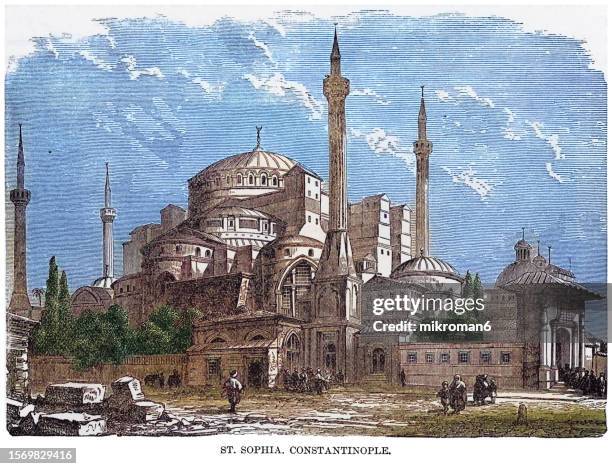 old engraved illustration of minarets, mosque of st. sophia at constantinople - ancient greece photos - fotografias e filmes do acervo