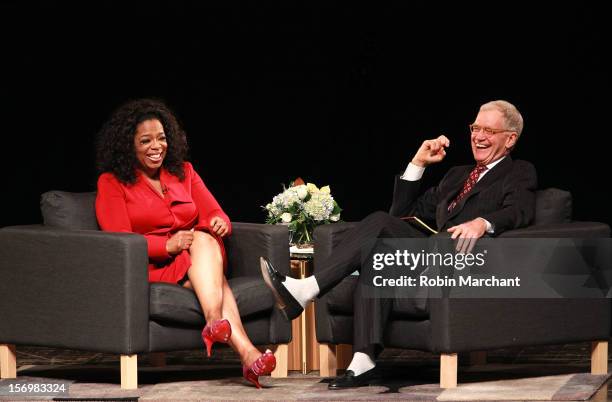 Oprah Winfrey and David Letterman attend a conversation with David Letterman and Oprah Winfrey at Emens Auditorium, Ball State University on November...