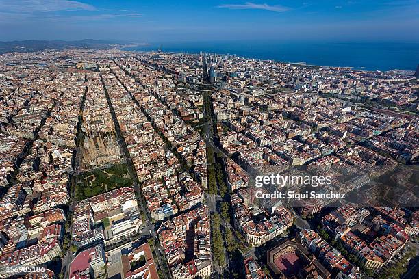 aerial view of barcelona - barcelona aerial stock pictures, royalty-free photos & images