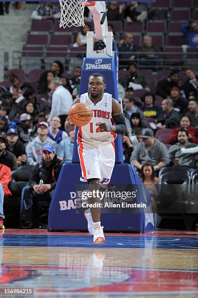 Will Bynum of the Detroit Pistons brings the ball up court during the game between the Detroit Pistons and the Portland Trail Blazers on November 26,...