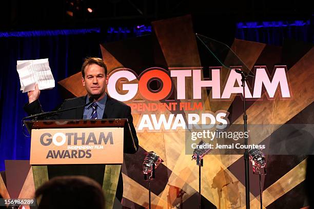 Comedian Mike Birbiglia speaks onstage at the IFP's 22nd Annual Gotham Independent Film Awards at Cipriani Wall Street on November 26, 2012 in New...