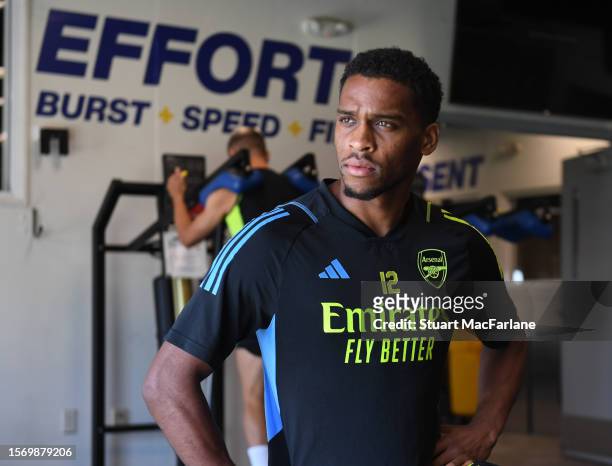 Jurrien Timber of Arsenal during a training session at the LA Rams Training Facility on July 24, 2023 in Thousands Oaks, California.