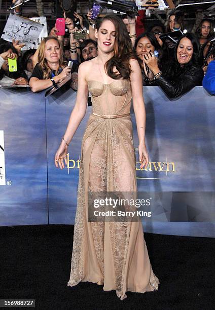 Actress Kristen Stewart attends the premiere of "The Twilight Saga: Breaking Dawn - Part 2" at Nokia Theatre L.A. Live on November 12, 2012 in Los...