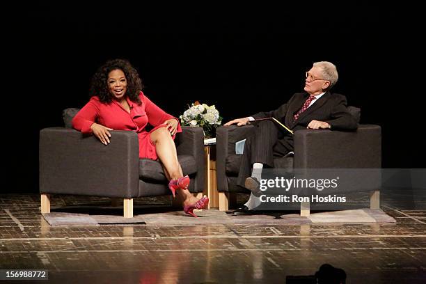 David Letterman and Oprah Winfrey attend "A Conversation With David Letterman And Oprah Winfrey" at Ball State University on November 26, 2012 in...