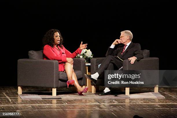 David Letterman and Oprah Winfrey attend "A Conversation With David Letterman And Oprah Winfrey" at Ball State University on November 26, 2012 in...