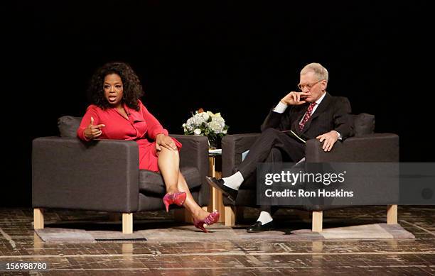 David Letterman and Oprah Winfrey attend "A Conversation With David Letterman And Oprah Winfrey" at Ball State University on November 26, 2012 in...