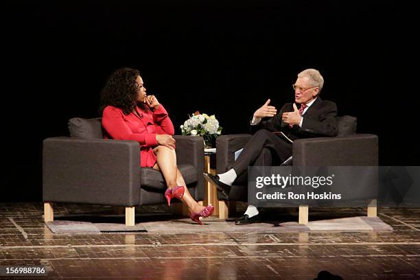 David Letterman and Oprah Winfrey attend "A Conversation With David Letterman And Oprah Winfrey" at Ball State University on November 26, 2012 in...