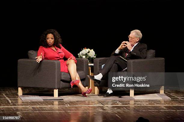 David Letterman and Oprah Winfrey attend "A Conversation With David Letterman And Oprah Winfrey" at Ball State University on November 26, 2012 in...