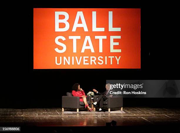 David Letterman and Oprah Winfrey attend "A Conversation With David Letterman And Oprah Winfrey" at Ball State University on November 26, 2012 in...