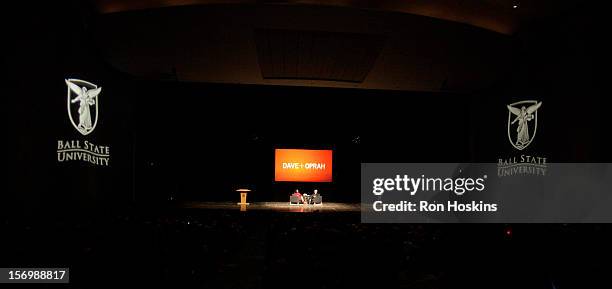 David Letterman and Oprah Winfrey attend "A Conversation With David Letterman And Oprah Winfrey" at Ball State University on November 26, 2012 in...