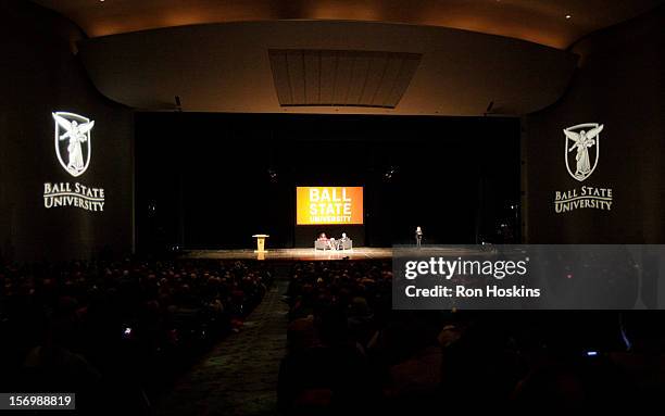 David Letterman and Oprah Winfrey attend "A Conversation With David Letterman And Oprah Winfrey" at Ball State University on November 26, 2012 in...