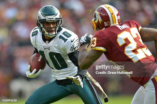 DeSean Jackson of the Philadelphia Eagles runs with the ball during the game against the Washington Redskins at FedEx Field on November 18, 2012 in...