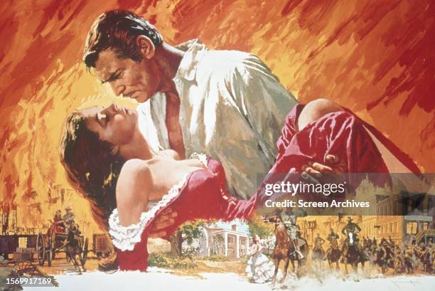 Classic movie 'Gone With The Wind' poster artwork featuring Clark Gable carrying Vivien Leigh against civil war backdrop.