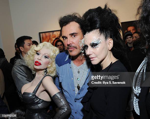Amanda Lepore, David LaChapelle and Susanne Bartsch attend David LaChapelle's Opening Of "Still Life" at Paul Kasmin Gallery on November 26, 2012 in...