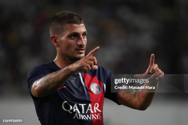 Marco Verratti of PSG looks on during the preseason friendly match between Paris Saint-Germain and Al-Nassr at Yanmar Stadium Nagai on July 25, 2023...