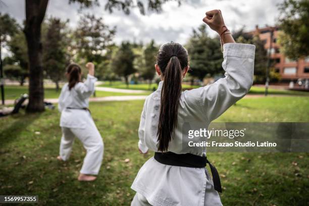 teenager-mädchen, die karate-/taekwondo-bewegungen im öffentlichen park üben - taekwondo stock-fotos und bilder