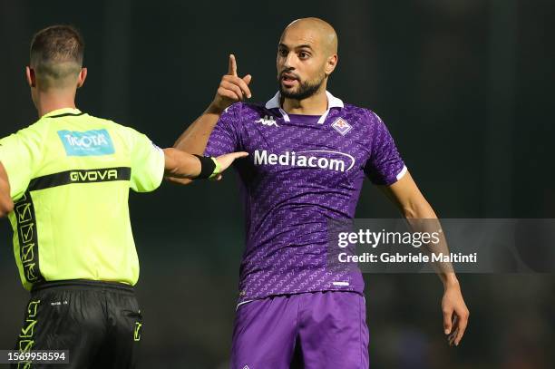 Sofyan Amrabat of ACF Fiorentina in action during the Pre-season Friendly match between Grosseto and Fiorentina at Stadio Olimpico on August 1, 2023...