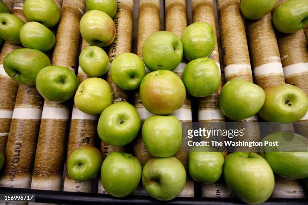 Covesville, VA -Granny smith apples are sorted in preparation for being exported to Cuba at the Crown Orchard Co. Friday, November 23, 2012.