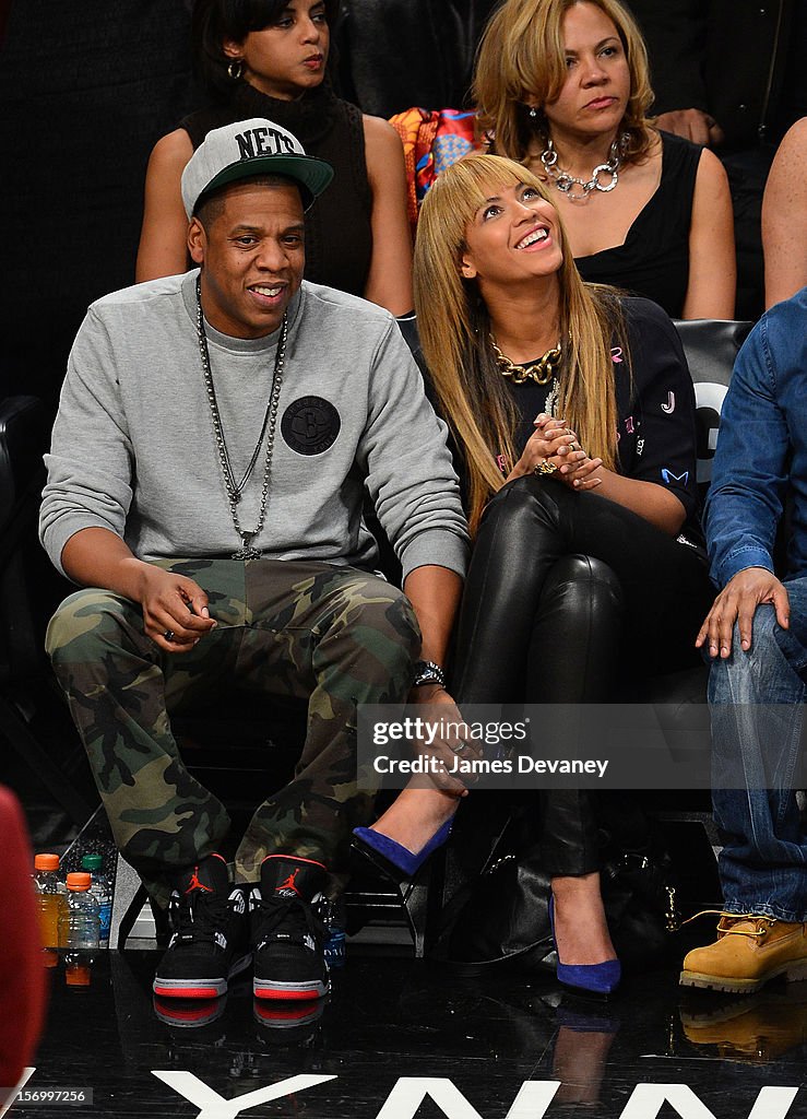 Celebrities Attend The New York Knicks v Brooklyn Nets Game