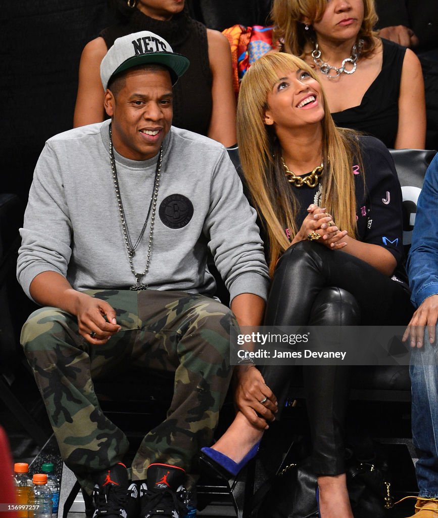 Celebrities Attend The New York Knicks v Brooklyn Nets Game