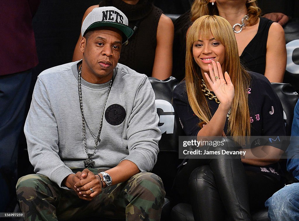 Celebrities Attend The New York Knicks v Brooklyn Nets Game