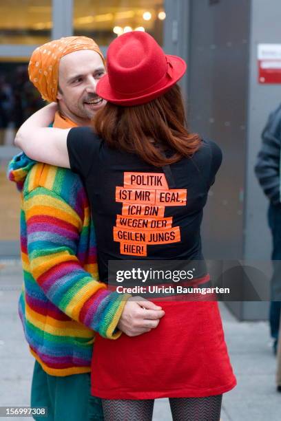 Young couple at the Pirate Party National Convention at RuhrCongress on November 24, 2012 in Bochum, Germany. German Pirates have a lot to achieve as...