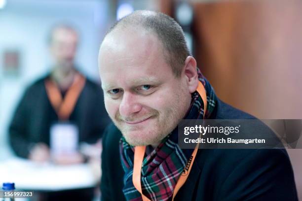 Bernd Schloemer, federal chairman of the Pirate party, at the Pirate Party National Convention at RuhrCongress on November 24, 2012 in Bochum,...