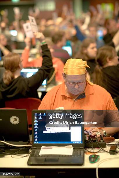 Participant at the Pirate Party National Convention at RuhrCongress on November 24, 2012 in Bochum, Germany. German Pirates have a lot to achieve as...