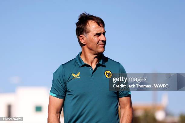 Julen Lopetegui, Manager of Wolverhampton Wanderers inspects the pitch ahead of the pre-season friendly match between FC Porto and Wolverhampton...