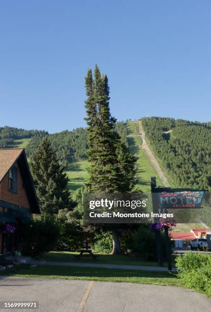 snow king motel on snow king street at jackson (jackson hole) in teton county, wyoming - jackson hole mountain resort stock pictures, royalty-free photos & images