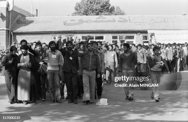 Demonstration near the US embassy where American hostages are held by Islamist students, on November 10, 1979 in Tehran, Iran.