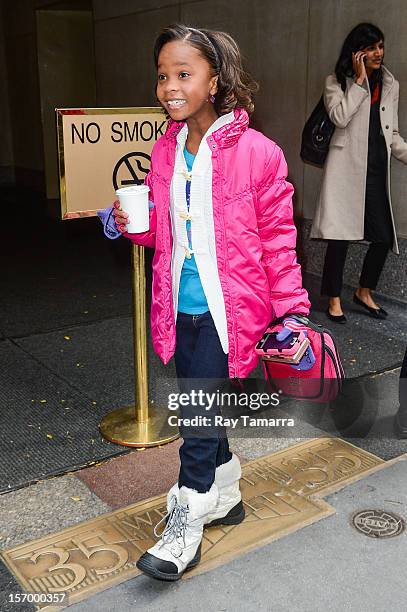 Actress Quvenzhane Wallis leaves the "Today Show" taping at the NBC Rockefeller Center Studios on November 26, 2012 in New York City.